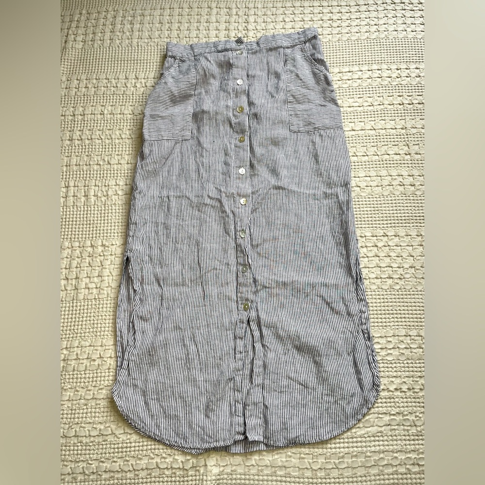 100% Linen Antibes Blanc Lagenlook Striped Button Up Maxi Skirt XL